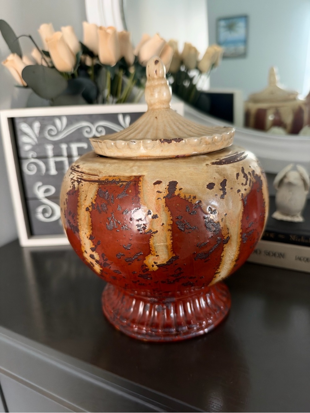 Rustic Red and Cream Decorative Lidded Jar - Home Accents